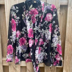 Tahari Long Sleeve Bow Neck Tie - Floral Blouse Top Plus Size 2X